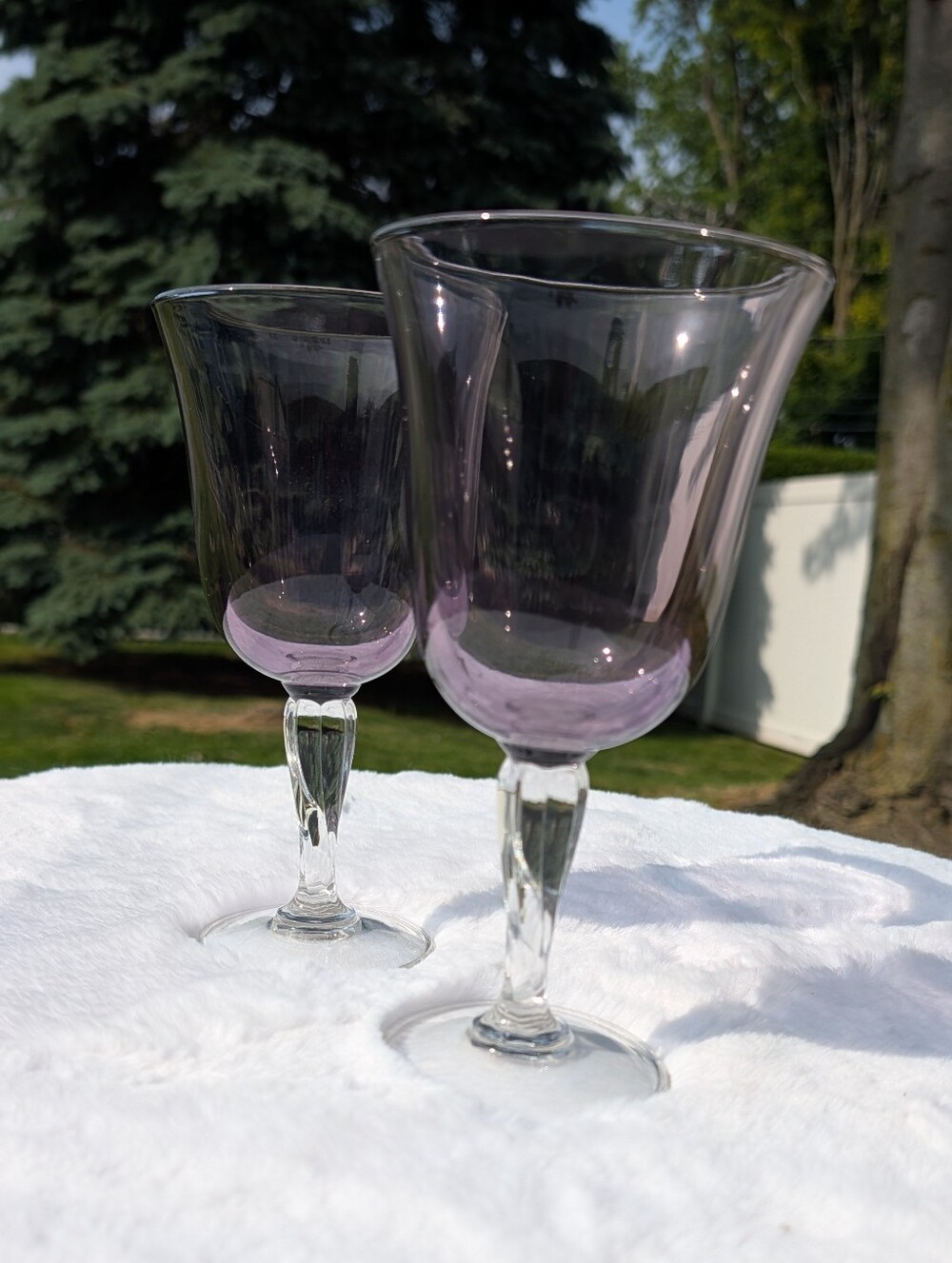 Cristal D’Arques Glass Large Water Goblets Amethyst Clear Fluted Stem Lot Of 2